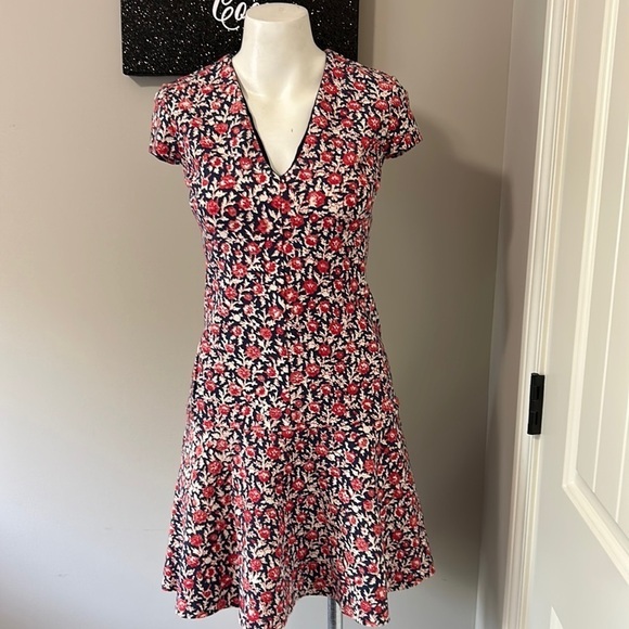 Tory Burch Dresses & Skirts - Tory Burch Calico Floral V neck Dress Navy Blue Red Cap Sleeve Stretch Size XS